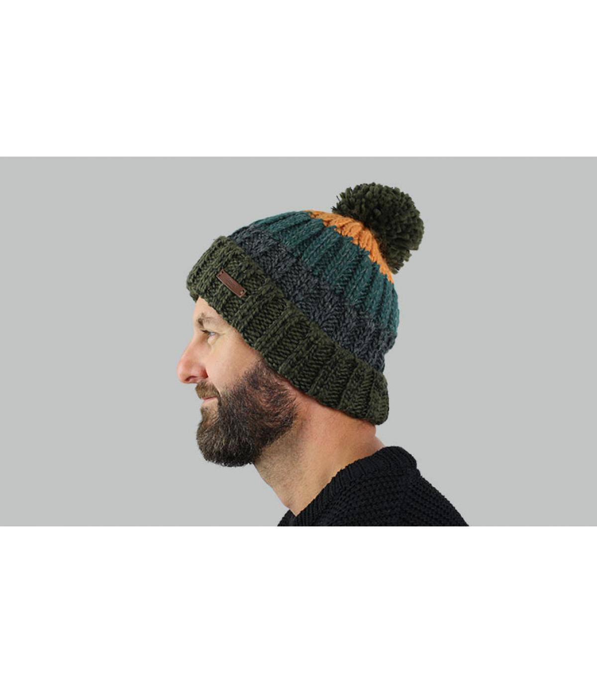 bonnet pompon rayure vert Wilhelm Beanie army